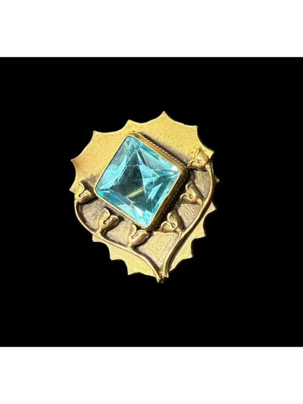 Art Nouveau Floral Brass Square Cut Aqua Crystal Brooch C Clasp Pin